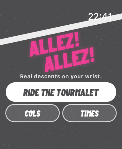 Allez! Allez! title screen: pink road-paint lettering on tarmac grey, a white line across the top, and a Ride the Tourmalet button.