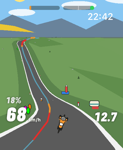 A Stelvio hairpin with roadside crowd and flags, the guide line red through the bend.