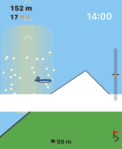 The glider crossing a snowy mountain ridge with a thermal on the left.