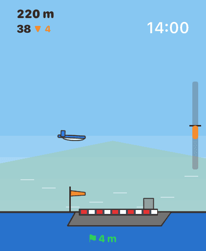 The glider descending over the sea towards an aircraft-carrier deck with an orange windsock.