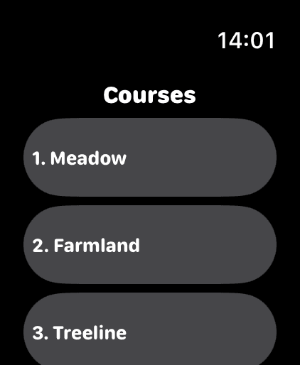 The courses list: Meadow, Farmland, Treeline and more.