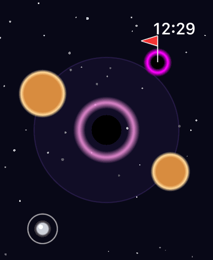 The Low Orbit hole: a dark starfield with a black hole between the ball and the cup.