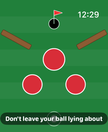 Rabbit Run: a green fairway with three red bumpers and a warning not to leave your ball lying about.