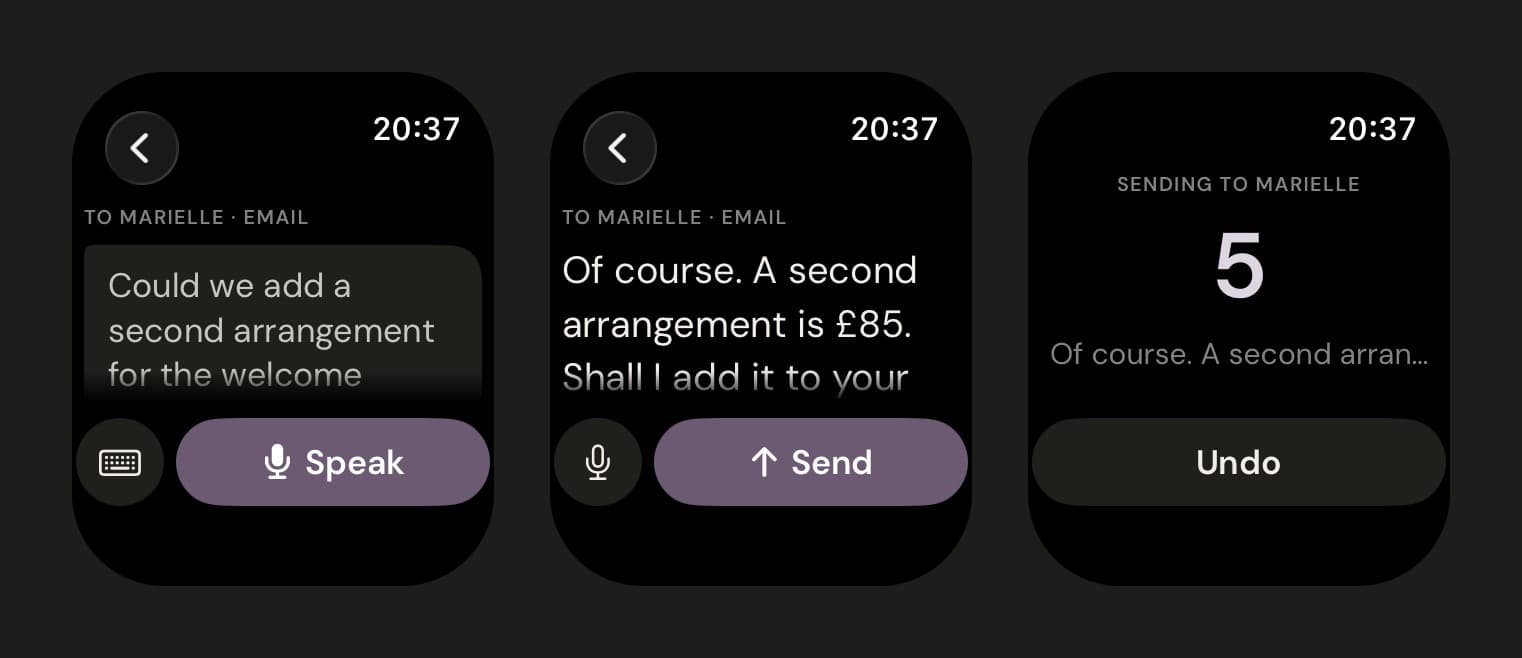 Three Apple Watch screens from Vidual Inbox: a customer's message with a Speak button, the spoken reply shown as text with a Send button, and a five-second countdown with an Undo button