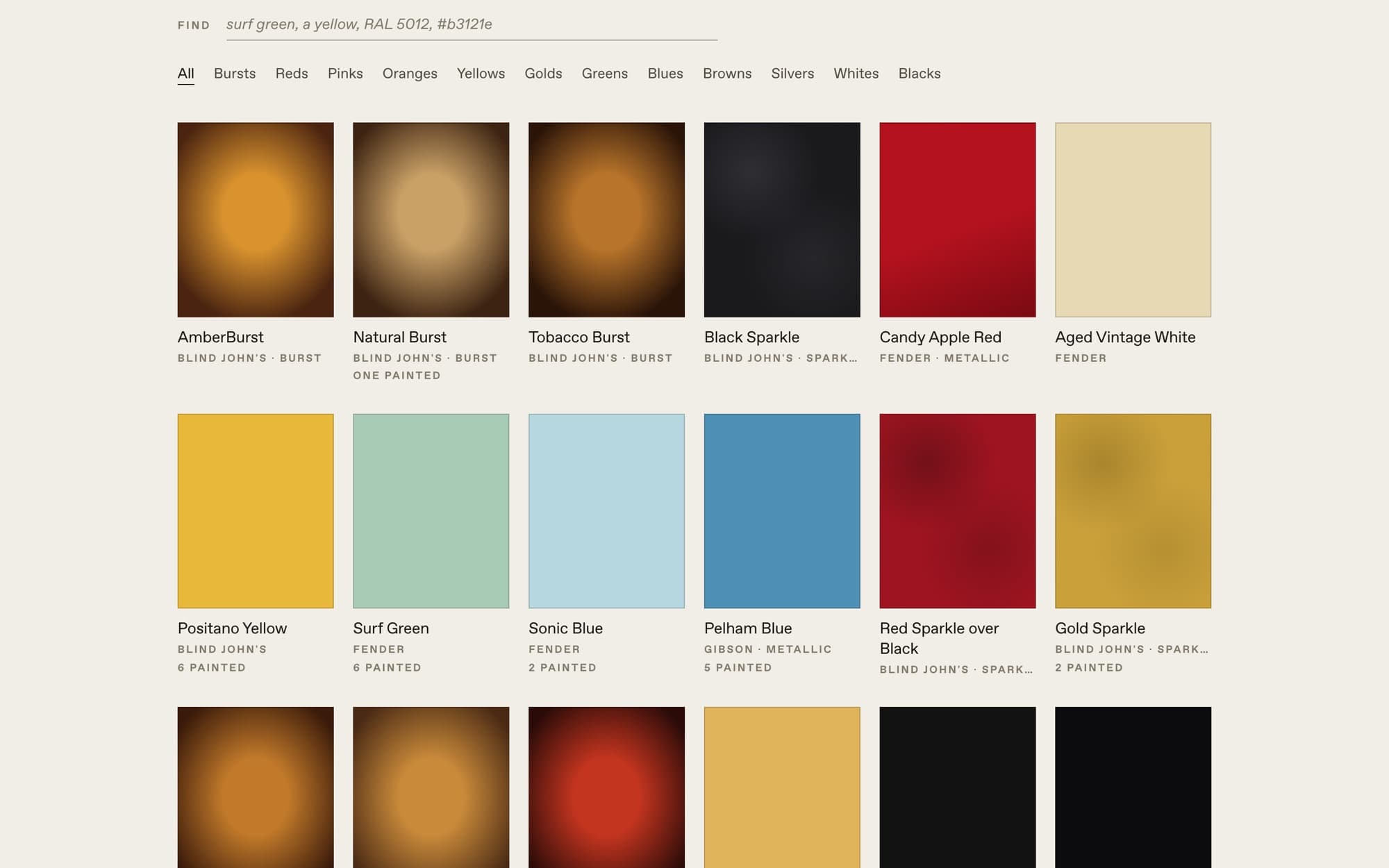 The colour library: swatches for bursts, sparkles, Fender and Gibson finishes, each with how many John has painted