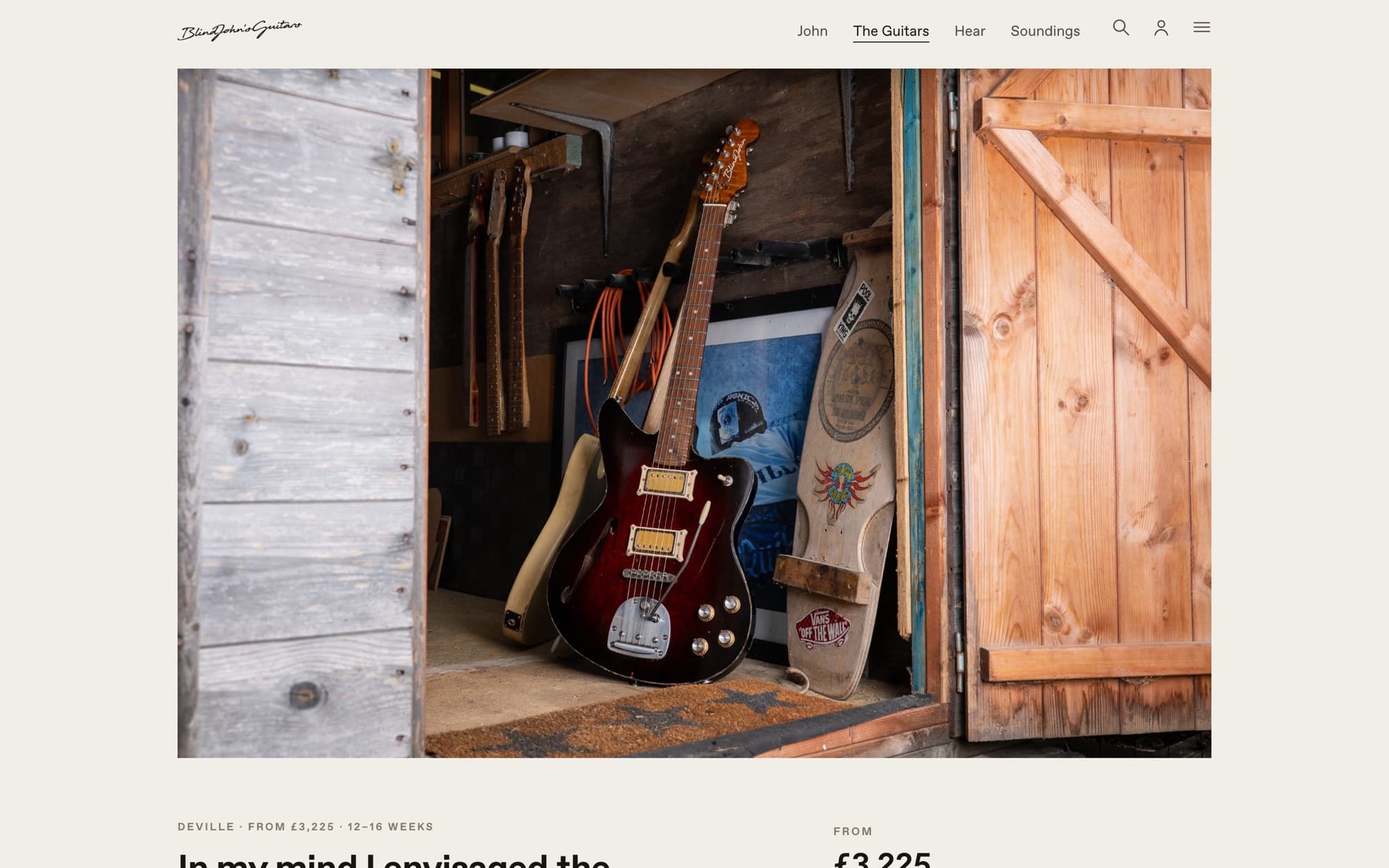 The DeVille model page: a cherry red DeVille leaning in the open shed doorway, with the price and lead time below