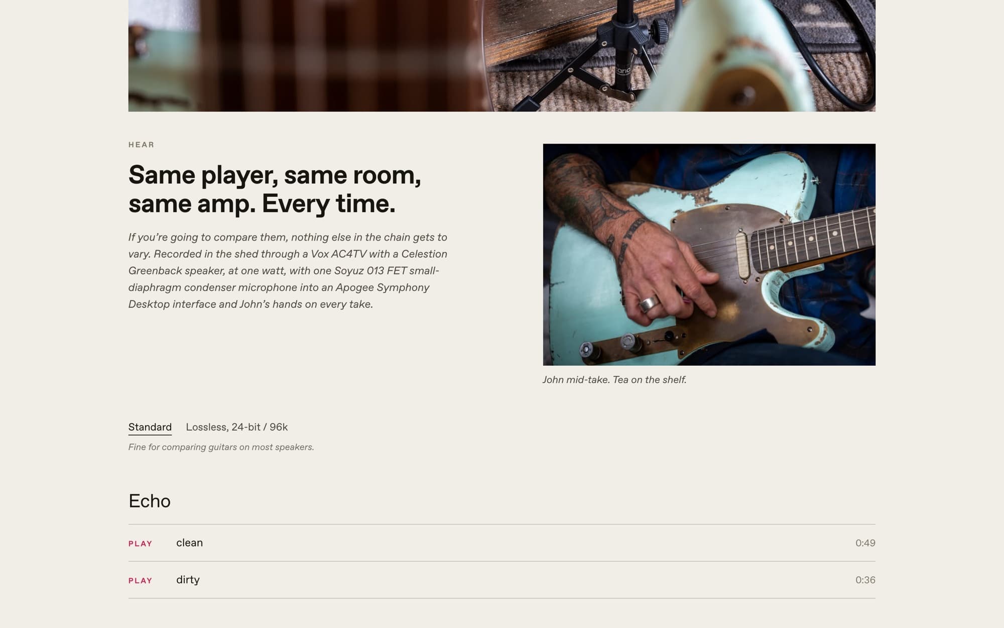 The Hear page, with a choice of standard or lossless 24-bit/96k audio and a list of clean and dirty takes
