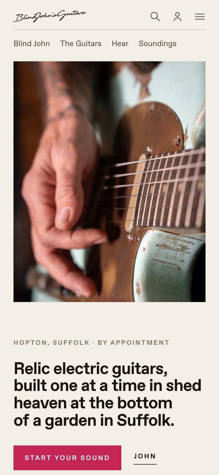 The Blind John's Guitars homepage on a phone