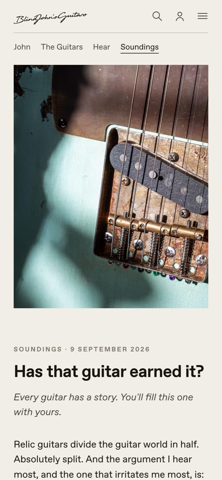 A Soundings piece on a phone, titled Has that guitar earned it?, over a close photograph of a worn Tele bridge