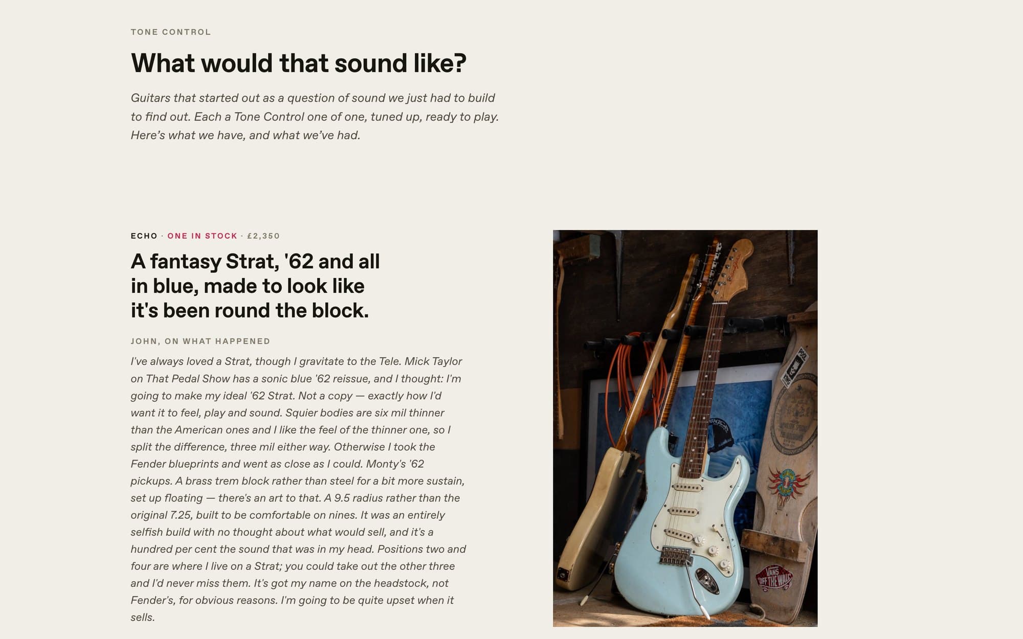 The Tone Control page: Echo, a sonic blue Strat, one in stock at £2,350, with John's account of the build