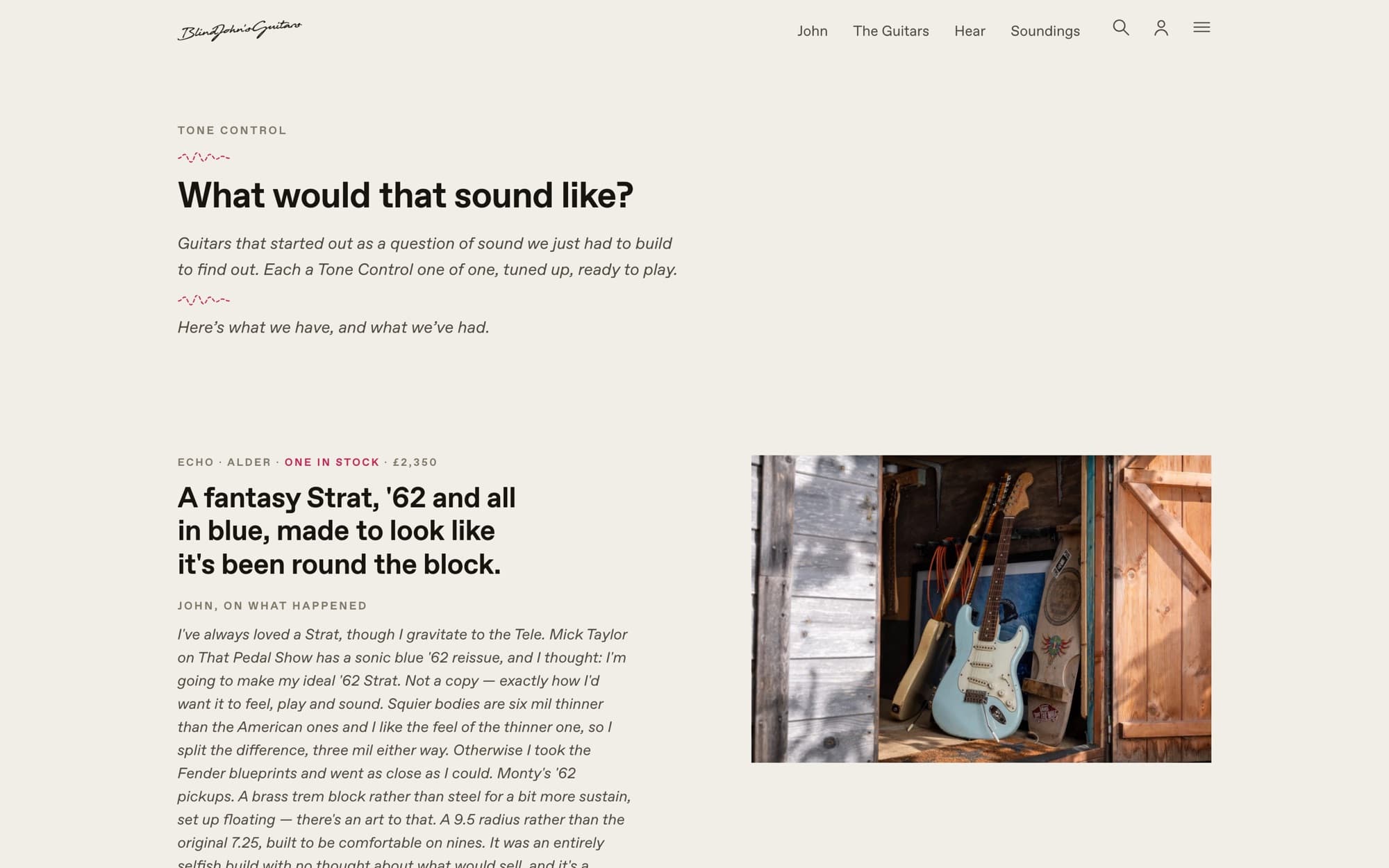 The Tone Control page: Echo, a sonic blue Strat, one in stock at £2,350, with John's account of the build