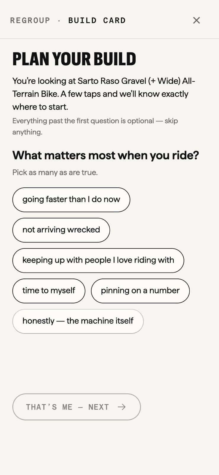 The build card on a phone, asking what matters most when you ride