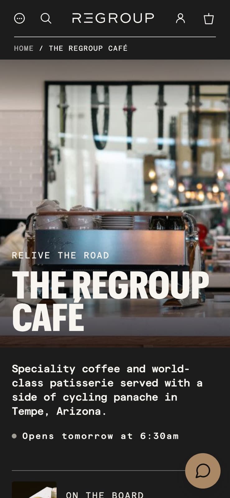 The Regroup Café page on a phone, with when it next opens