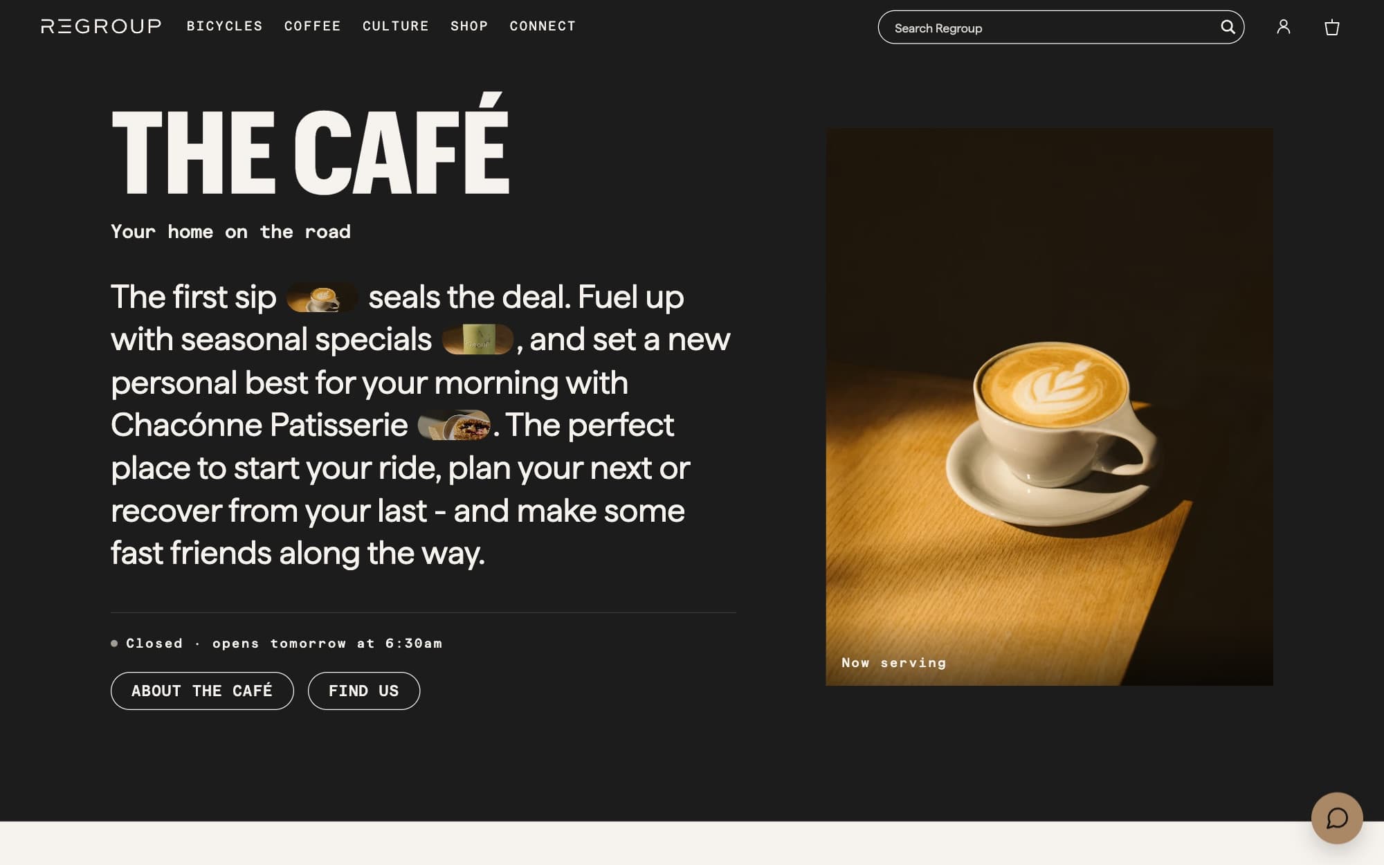 The café section of the Regroup homepage: a sentence about the café with small photographs of a coffee, a seasonal special and a pastry set into the words