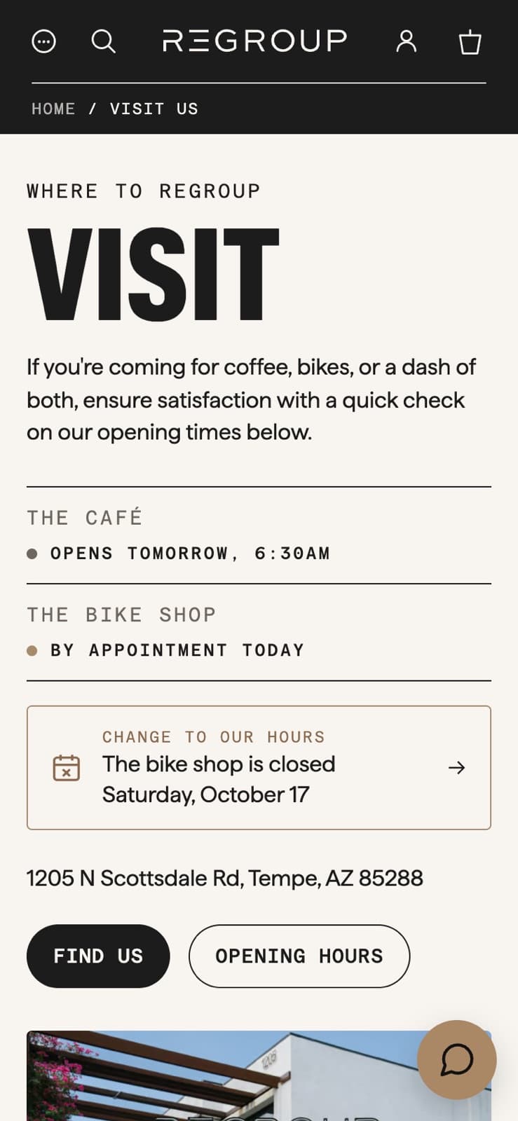 The Visit page on a phone, with a notice that the bike shop is closed on Saturday October 17